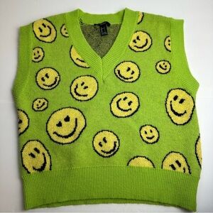 Forever 21 Vest Women's Size Large Smiley Face Heart Eyes Green Yellow 90s